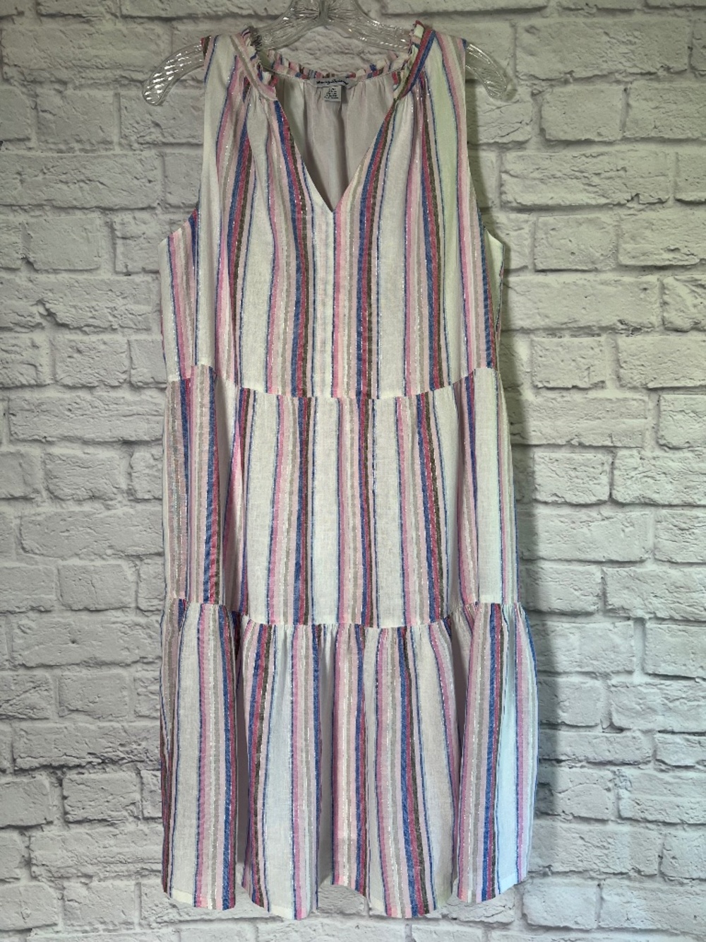 Tommy Bahama Tiered Linen Blend Dress Blue, Pink, Grey, White, Silver Size L
